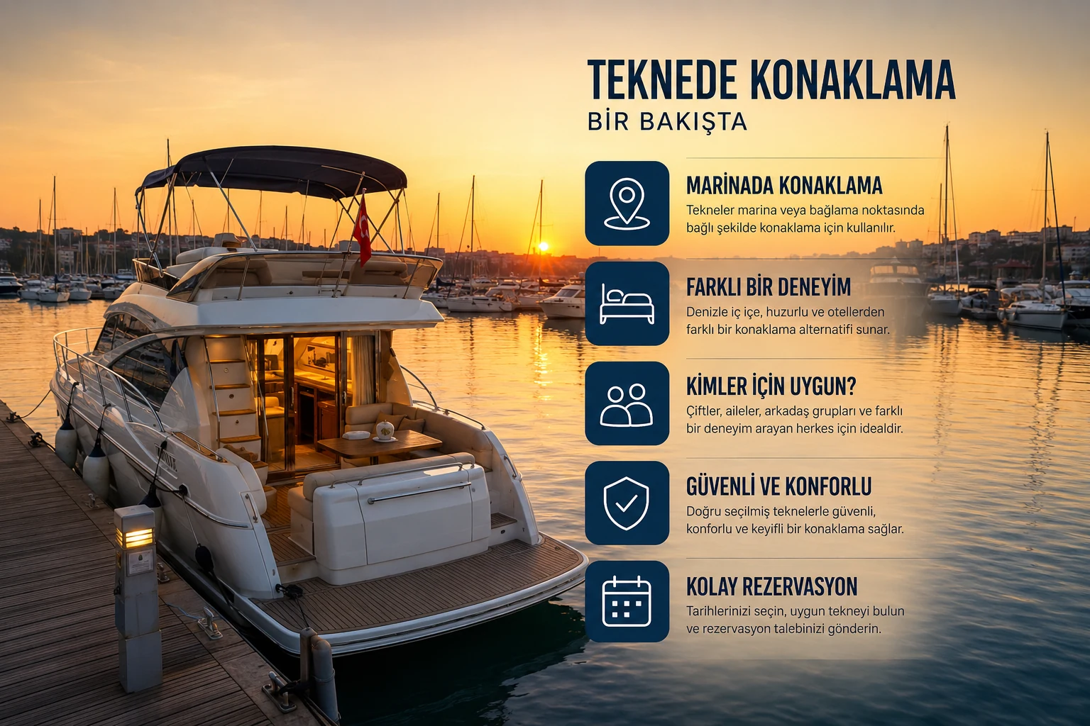 İstanbul’da marinada teknede konaklama deneyimini anlatan bilgilendirici görsel