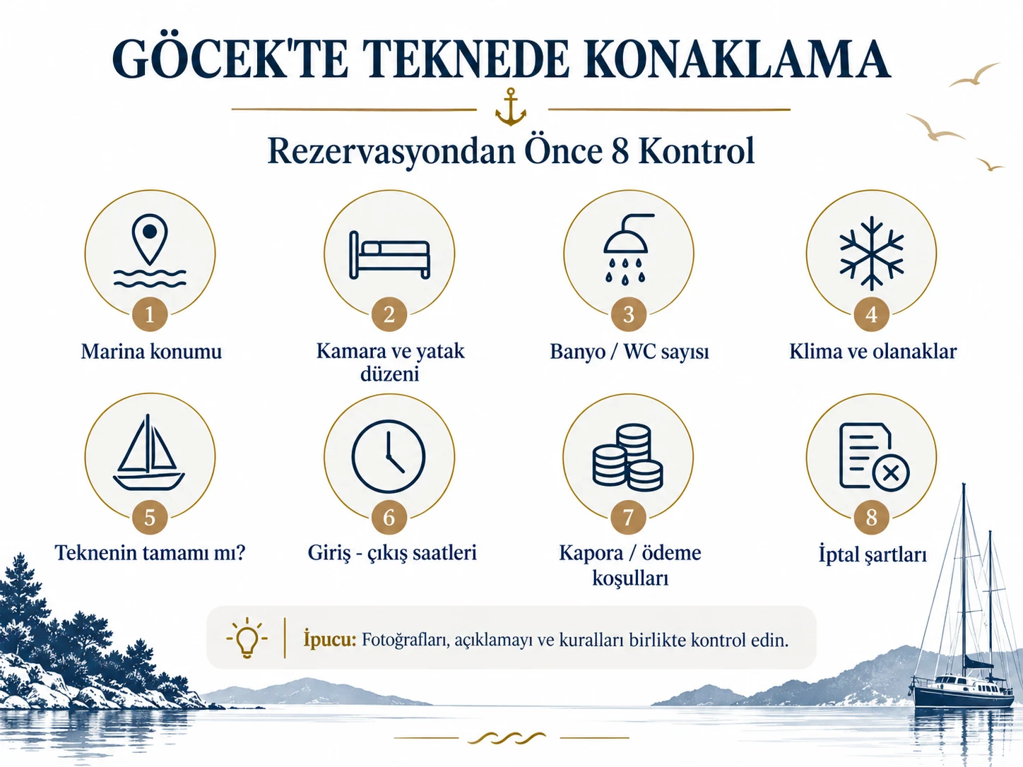 Göcek’te Teknede Konaklama – Rezervasyondan Önce 8 Kontrol Göcek'te teknede konaklama rezervasyonundan önce kontrol edilmesi gereken 8 madde